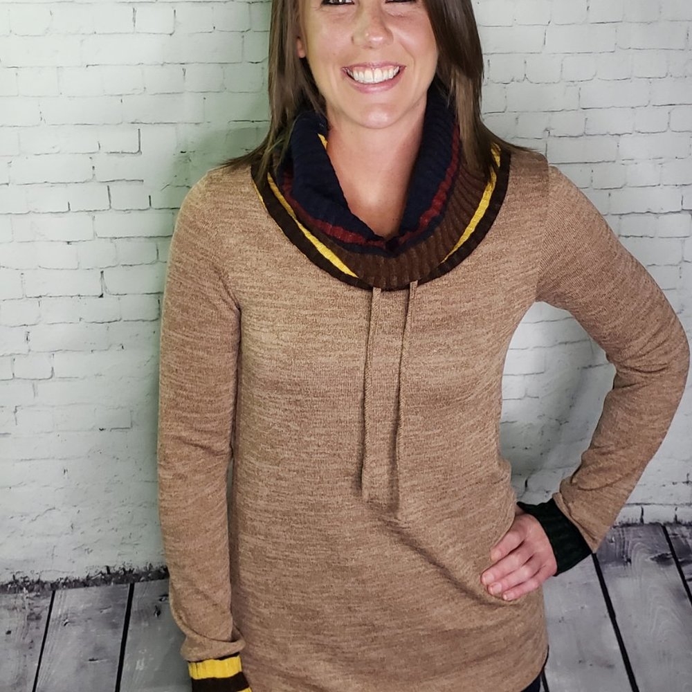 Cowl Neck Drawstring Top Sweater Shirt Camel Soft - Picture 5 of 5